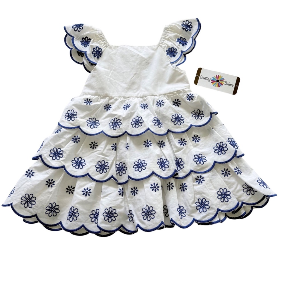 Counting Daisies Toddler 3T White Blue Floral Embroidered Tiered Dress NEW
